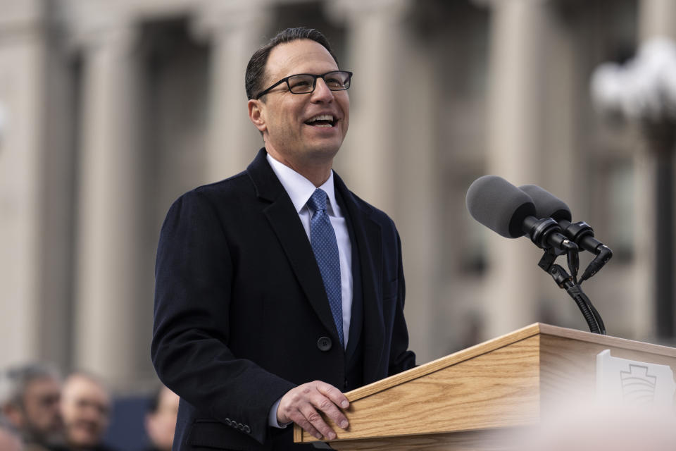 Democratic Gov. Josh Shapiro speaks after taking the oath of office to become Pennsylvania's 48th governor, Tuesday, Jan. 17, 2023, at the state Capitol in Harrisburg, Pa. (AP Photo/Matt Rourke)