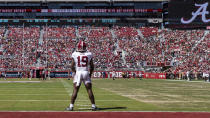 Alabama fans fill in the lower bowl as Alabama wide receiver Kendrick Law (19) prepares for a kickoff during the NCAA college football team's spring game, Saturday, April 13, 2024, in Tuscaloosa, Ala.