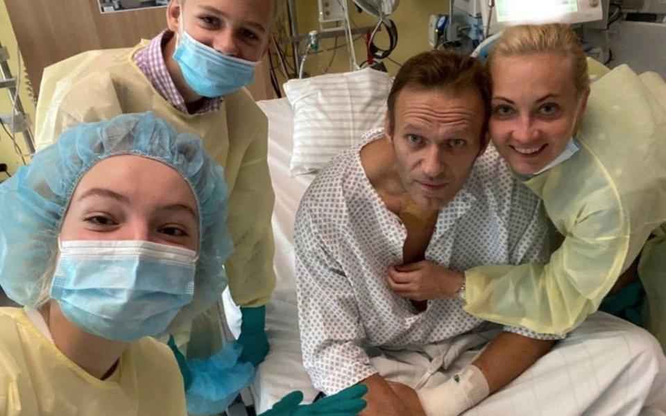 Navalny with his family in a Berlin hospital in 2020 following his poisoning with a nerve agent