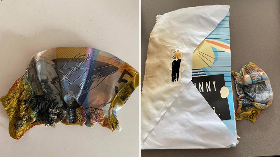 The $50 note was also destroyed when the card was delivered to Albany, Western Australia. Source: Facebook