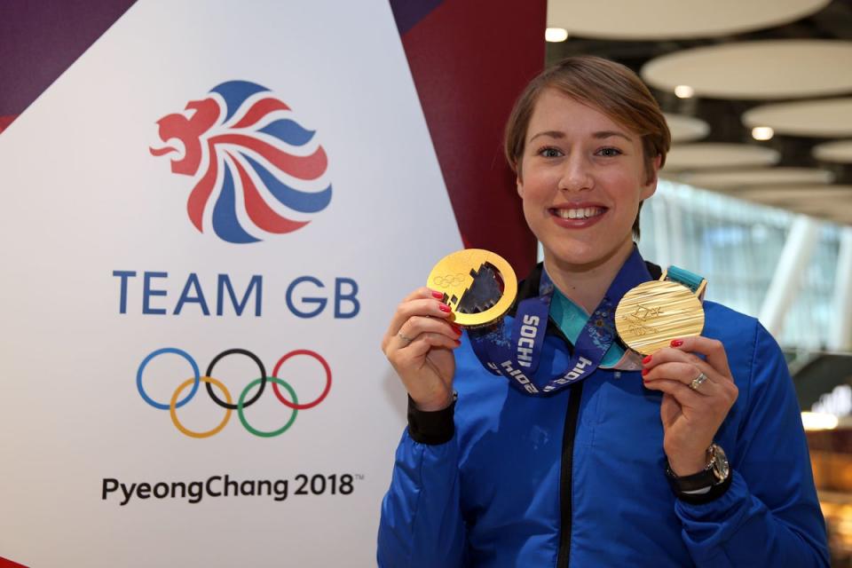Great Britain’s Lizzy Yarnold poses with her 2014 and 2018 gold medals (Steve Paston/PA) (PA Archive)