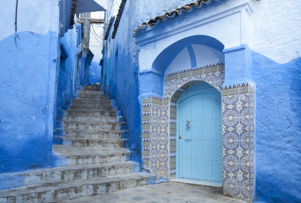 <p>Ocean-inspired blues and traditional tiles tempt visitors to explore the streets of Morocco.</p>