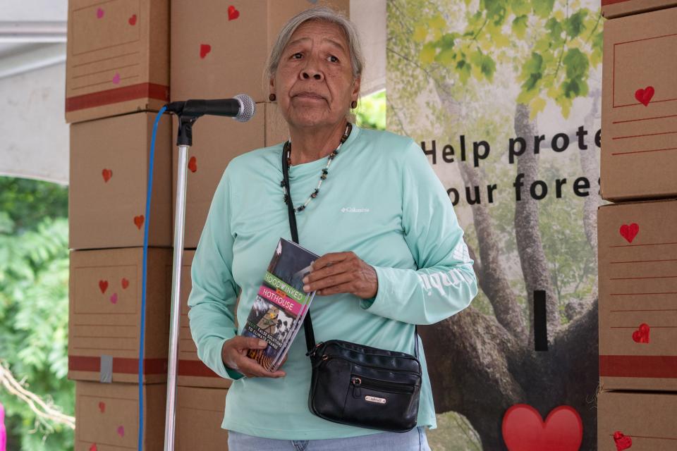 Mary "Missy" Crow, a member of the Eastern Band of Cherokee Indians, speaks at the Protect Pisgah Party and Rally outside of the National Forests in North Carolina's Forest Supervisor's office in Asheville on August 1, 2022.