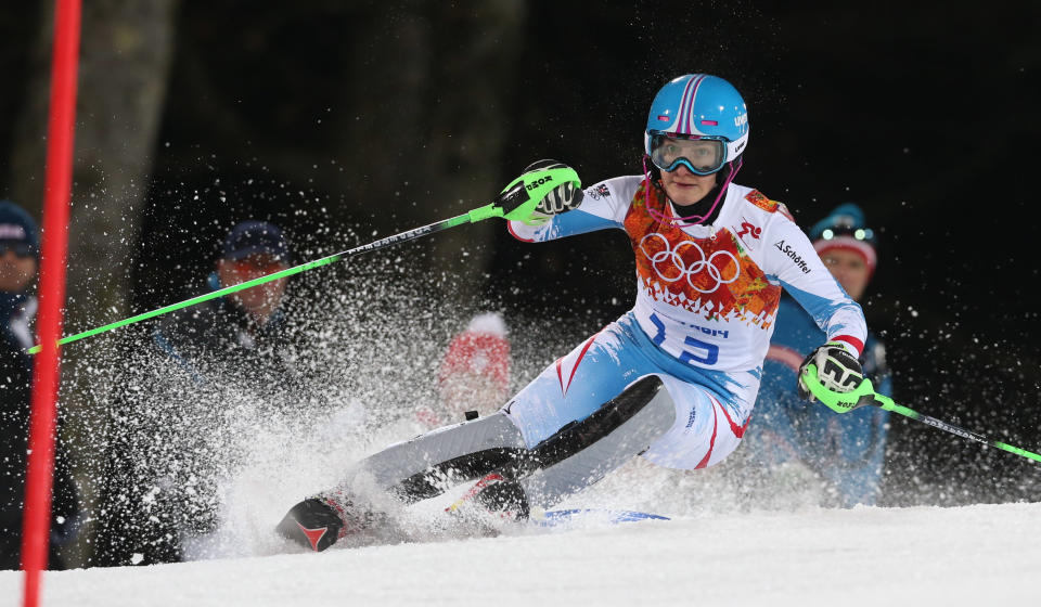 Austria's Kathrin Zettel skis in the second run of the women's slalom to win the bronze medal at the Sochi 2014 Winter Olympics, Friday, Feb. 21, 2014, in Krasnaya Polyana, Russia. (AP Photo/Luca Bruno)