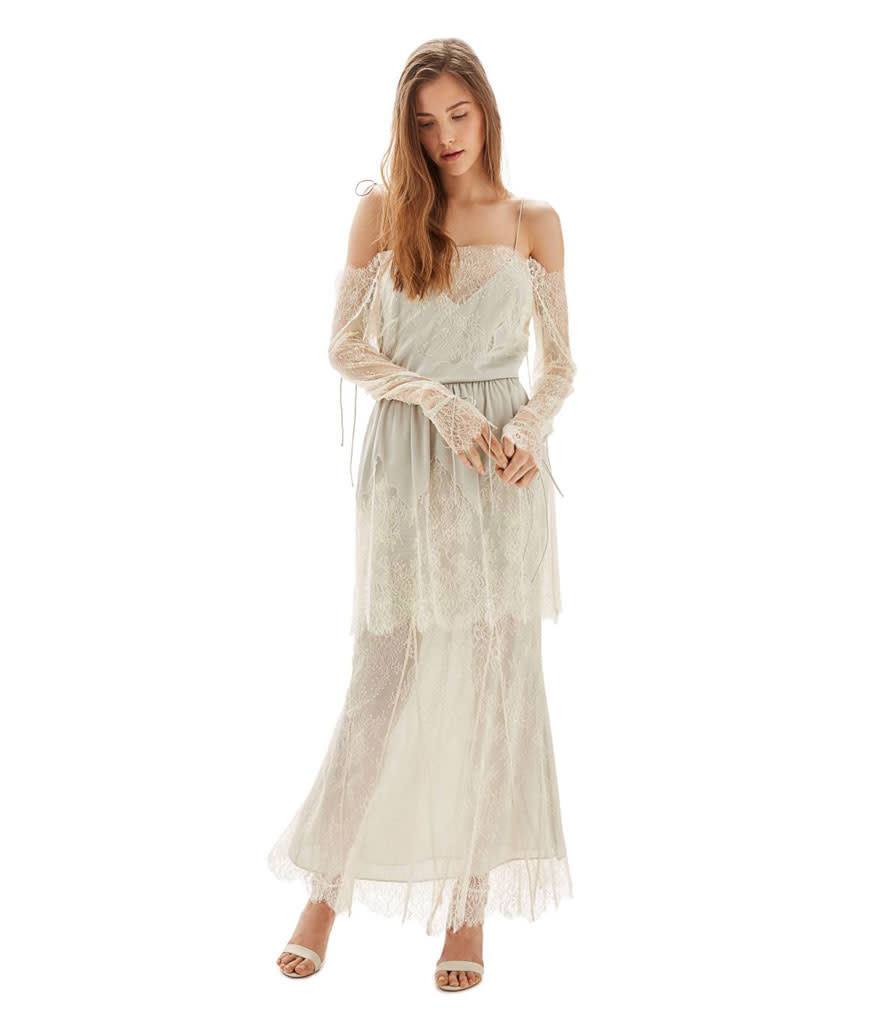 <p><i>Topshop Bride Bardot Lace Off-the-Shoulder Gown, $850, <a rel="nofollow noopener" href="http://shop.nordstrom.com/s/topshop-bride-bardot-lace-off-the-shoulder-gown/4639691?origin=category-personalizedsort&fashioncolor=IVORY" target="_blank" data-ylk="slk:nordstrom.com;elm:context_link;itc:0;sec:content-canvas" class="link ">nordstrom.com</a> </i></p>