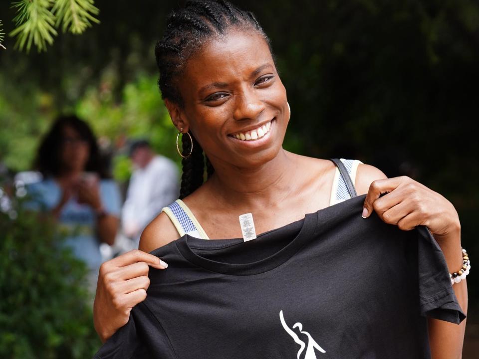 Angelique Bates at the SAG-AFTRA picket line at Warner Bros. Studios in August 2023 in Burbank, California.