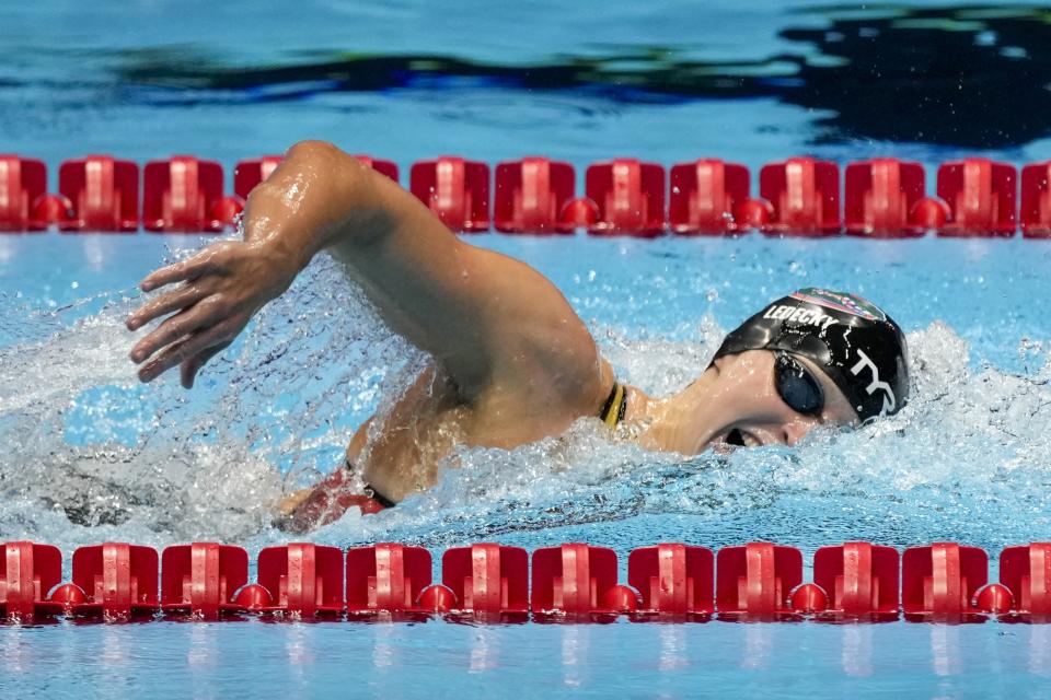 Katie Ledecky swims during a Women's 1500 freestyle preliminary heat Tuesday, June 18, 2024, at the US Swimming Olympic Trials in Indianapolis. (AP Photo/Michael Conroy)