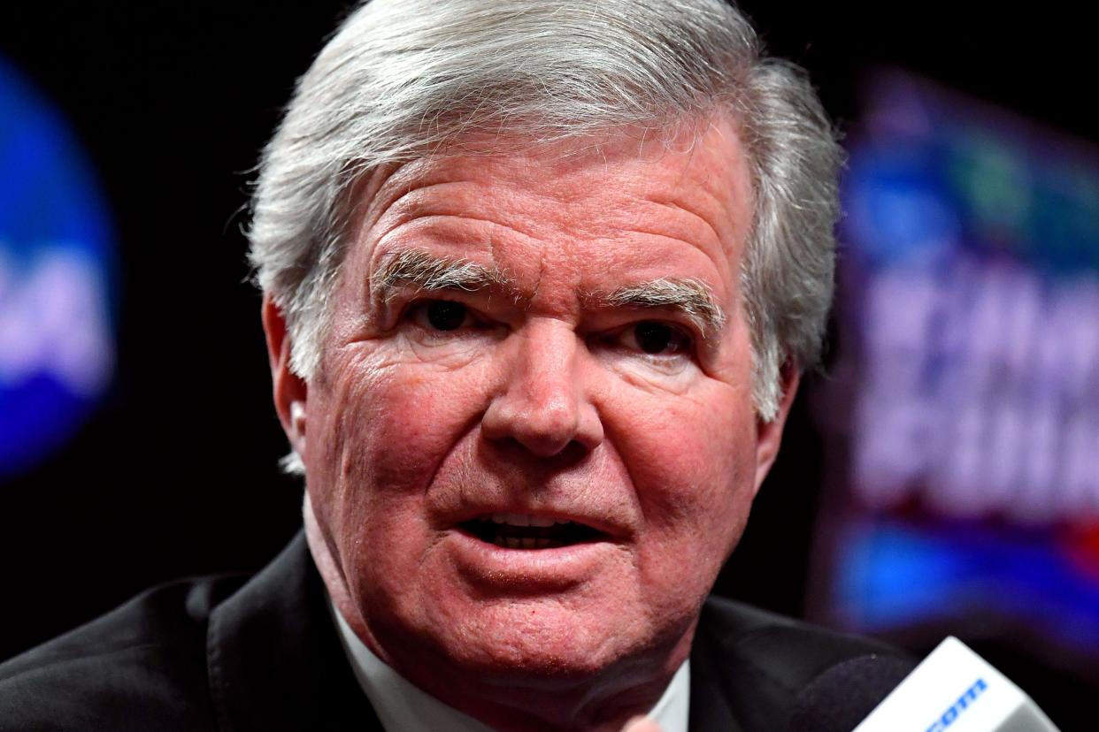 NCAA President Mark Emmert speaks during a press conference at U.S. Bank Stadium in Minnesapolis.