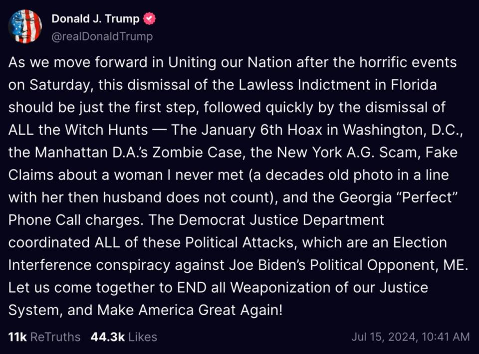 Trump's lengthy message demanding an end to "witch hunts."