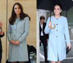 <p>For the opening of the Kensington Leisure Center in January 2015, pregnant Kate picked a baby blue Séraphine coat, which she brought back out for an appearance at Kings College in January 2018. </p>