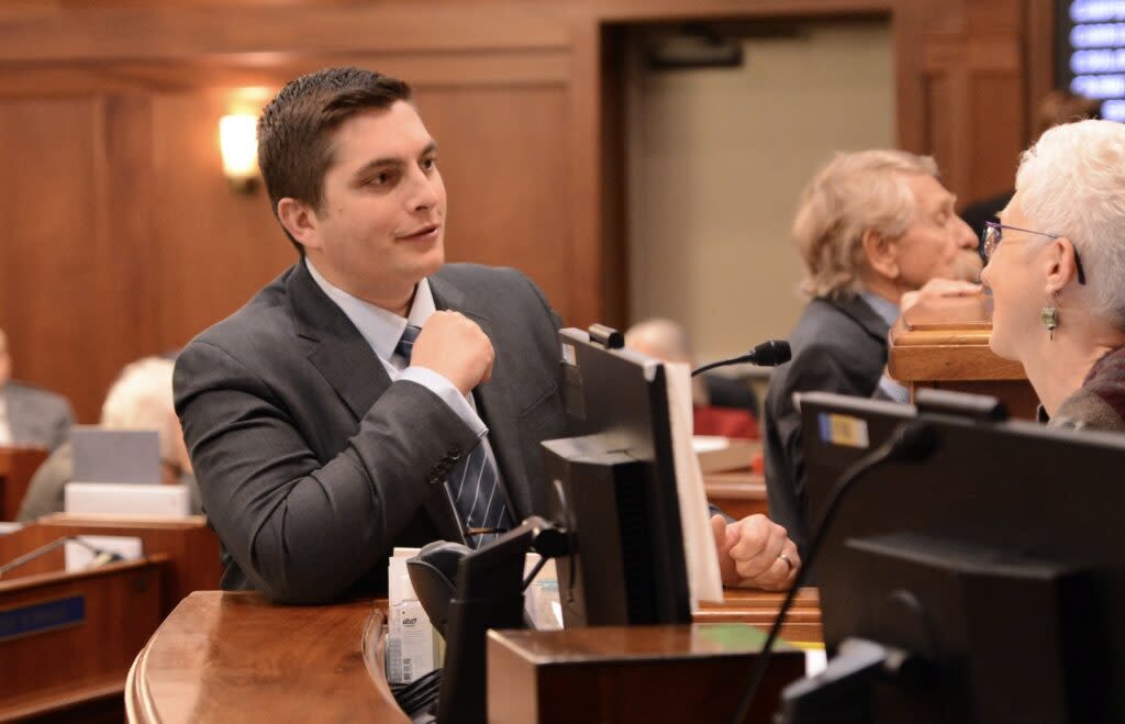 Rep. Justin Ruffridge, R-Soldotna, speaks to House Clerk Krys Jones on Wednesday, May 8, 2024. (Photo by James Brooks/Alaska Beacon)