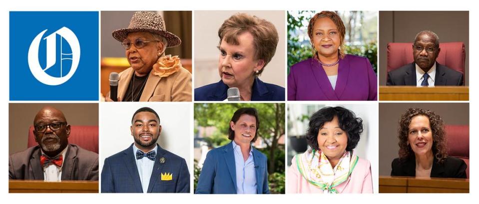 Top row from left, Vilma Leake, Pat Cotham, Yvette Ingram, Arthur Griffin, George Dunlap, Charles Obborne, Blake Van Leer, Felicia Thompkins and Leigh Altman are running for seats on the Mecklenburg County Board of Commissioners in 2024.