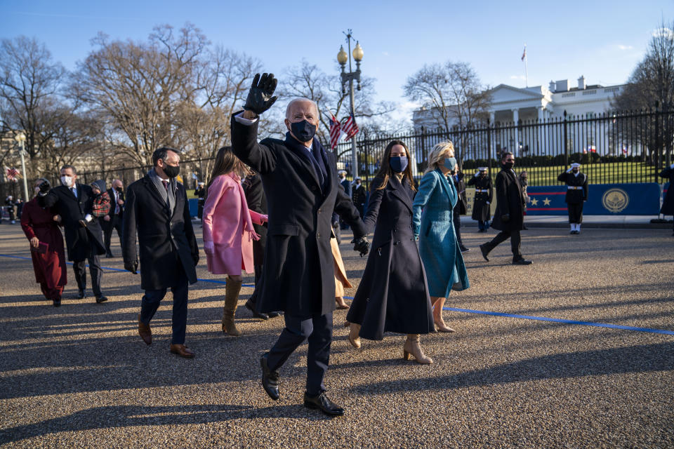 FILE - President Joe Biden, First Lady Jill Biden and family, walk in front of the White House during a Presidential Escort to the White House, on Jan. 20, 2021 in Washington. (Doug Mills/The New York Times via AP, Pool, File)