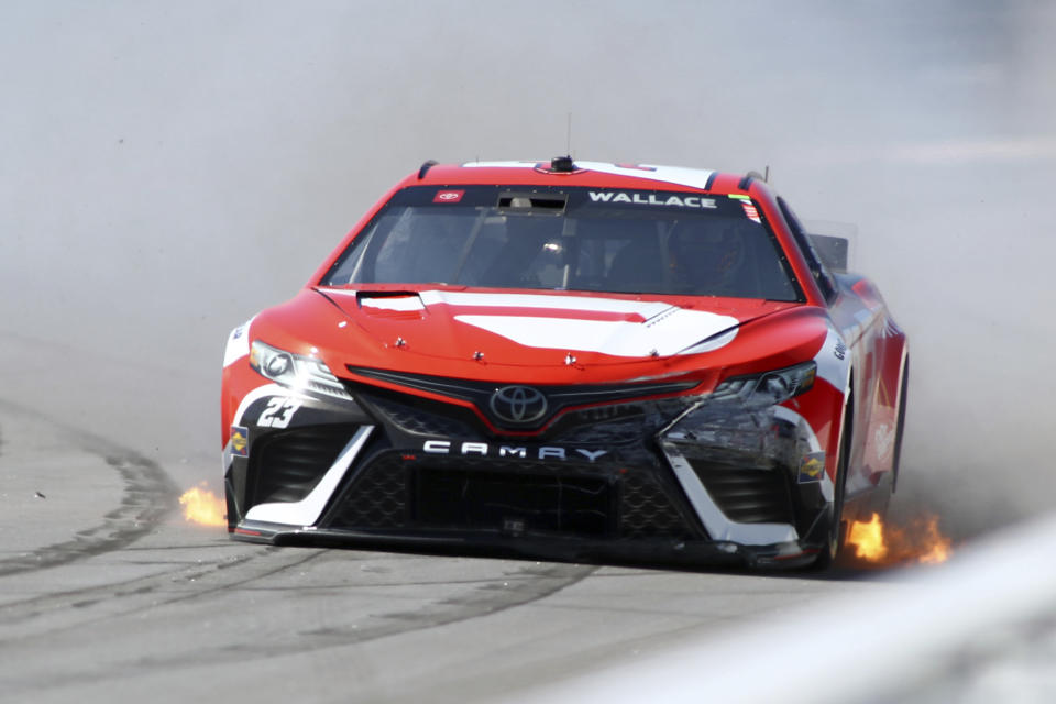 Bubba Wallace gets going after a spin during the NASCAR Cup Series auto race at Atlanta Motor Speedway, on Sunday, March 19, 2023, in Hampton, Ga. (AP Photo/Greg McWilliams)