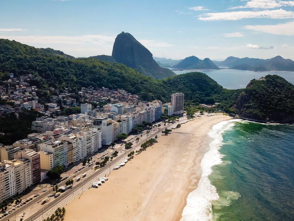 An aerial view of Copacabana beach amidst the coronavirus pandemic on March 29, 2020 in Rio de Janeiro, Brazil.