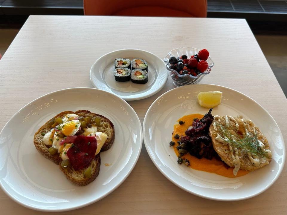 Vegan whipped ricotta and beet tartine, celeriac schnitzel with sauce Gribiche, sweet potato rolls, and a side of berries