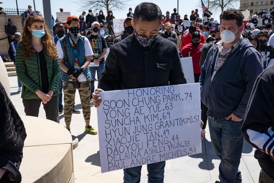 <p>Residents of Atlanta gather to speak out against Asian hate and carry signs to honor lives that were lost.</p>