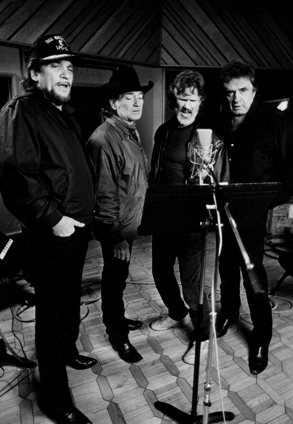 Four of country music's biggest superstars are picking up where they left off with a smash hit four year ago. "The Highwayman 2" co-stars Waylon Jennings, left, Willie Nelson, Kris Kristofferson and Johnny Cash are recording on their second collaborative LP at Emerald Sound studio on Music Row March 8, 1989. One of their biggest hits is "Highwayman."