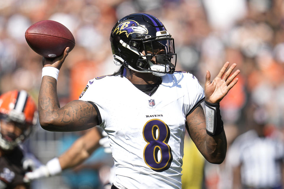 Baltimore Ravens quarterback Lamar Jackson (8) looks to pass during the first half of an NFL football game against the Cleveland Browns, Sunday, Oct. 1, 2023, in Cleveland. (AP Photo/Sue Ogrocki)