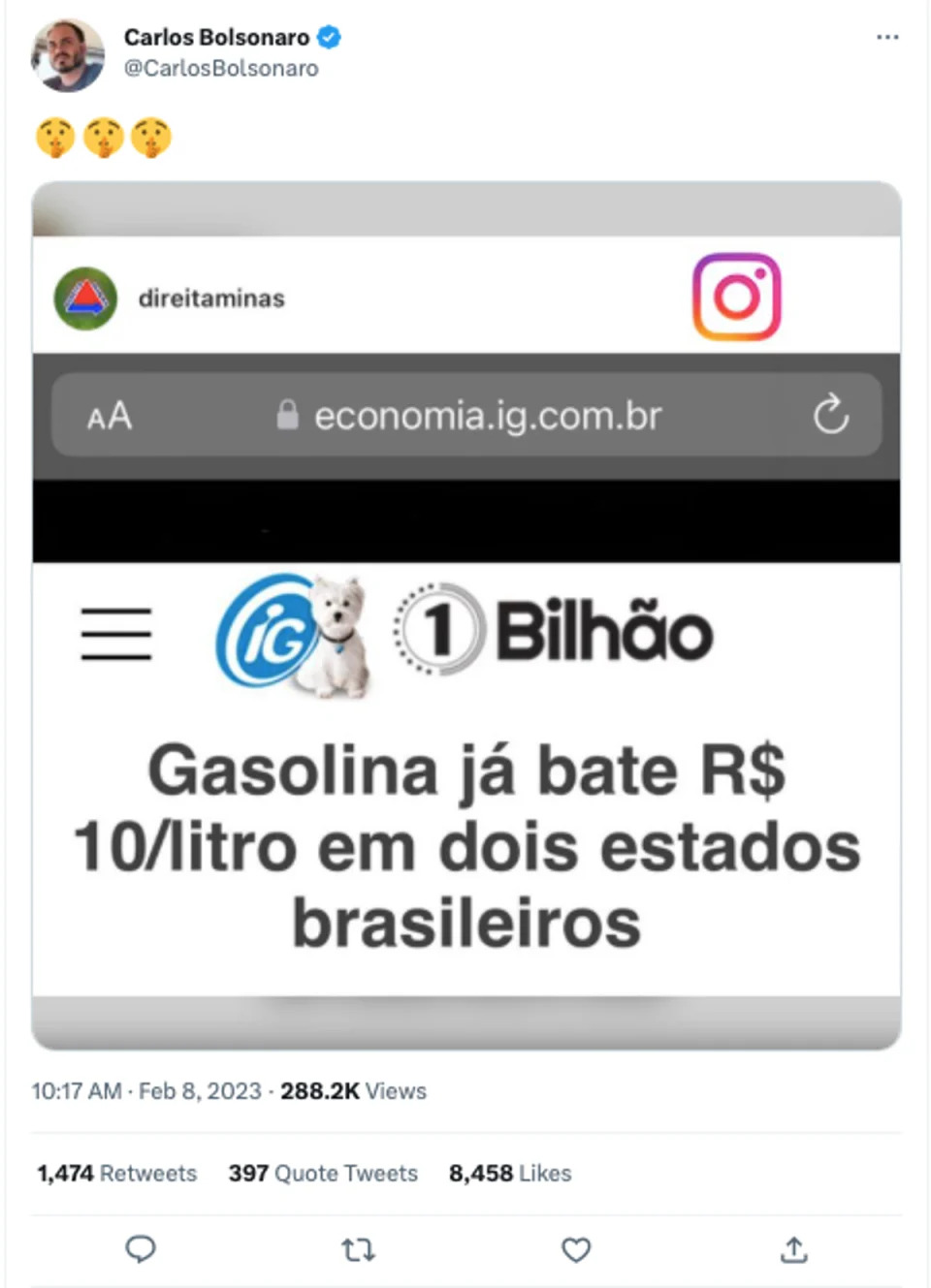 Captura de tela de publica&#xe7;&#xe3;o de Carlos Bolsonaro que engana ao apontar valor da gasolina em 2022 como se fosse de 2023 (Foto: Reprodu&#xe7;&#xe3;o / Twitter)