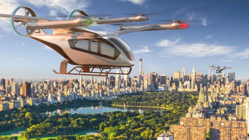 Eve expects its first eVTOL aircraft to be certified in late 2025 and on the market in 2026. This rendering shows it over New York City. - Credit: Courtesy Eve