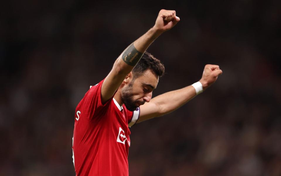 Bruno Fernandes of Manchester United celebrates their side's fourth goal scored by team-mate Marcus Rashford - Man Utd vs Chelsea result: Ten Hag delivers Champions League – now club must back him on transfers - Getty Images/Catherine Ivill