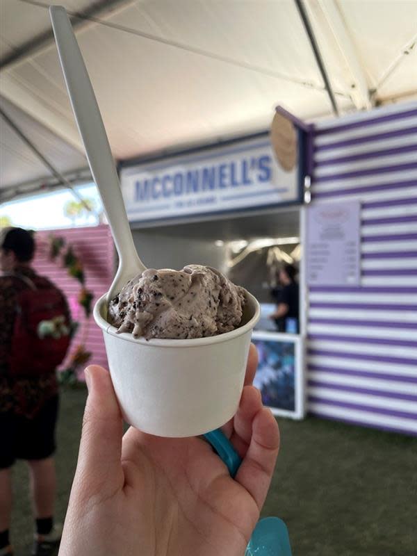 A dairy-free cookies and cream scoop from McConnell's Fine Ice Creams.