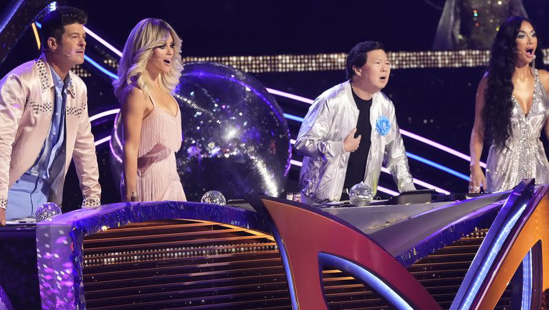 From left to right: Robin Thicke, Jenny McCarthy, Ken Jeong and Nicole Scherzinger on “The Masked Singer.” 