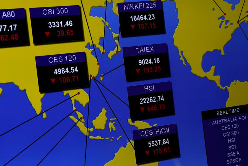 A panel displaying stock indices of Asian markets at Hong Kong Exchanges in Hong Kong