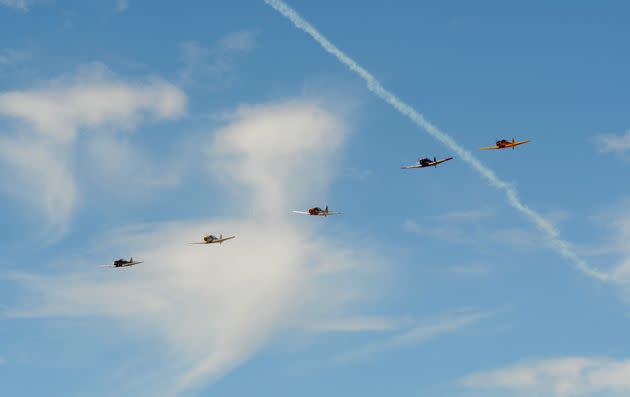 Pilots line up for the start of the Heat race at the 55th National Championship Air Races in Reno, Nevada, in 2018. (Photo: Icon Sportswire via Getty Images)