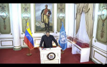 In this UNTV image, Nicolás Maduro Moros, President of Venezuela, speaks in a pre-recorded video message during the 75th session of the United Nations General Assembly, Wednesday, Sept. 23, 2020, at UN Headquarters. Protests against racial injustice aren't just part of the United States' national conversation. America's foes have taken note too, using the demonstrations and images of police violence to criticize the country at the U.N. General Assembly this year. (UNTV via AP)