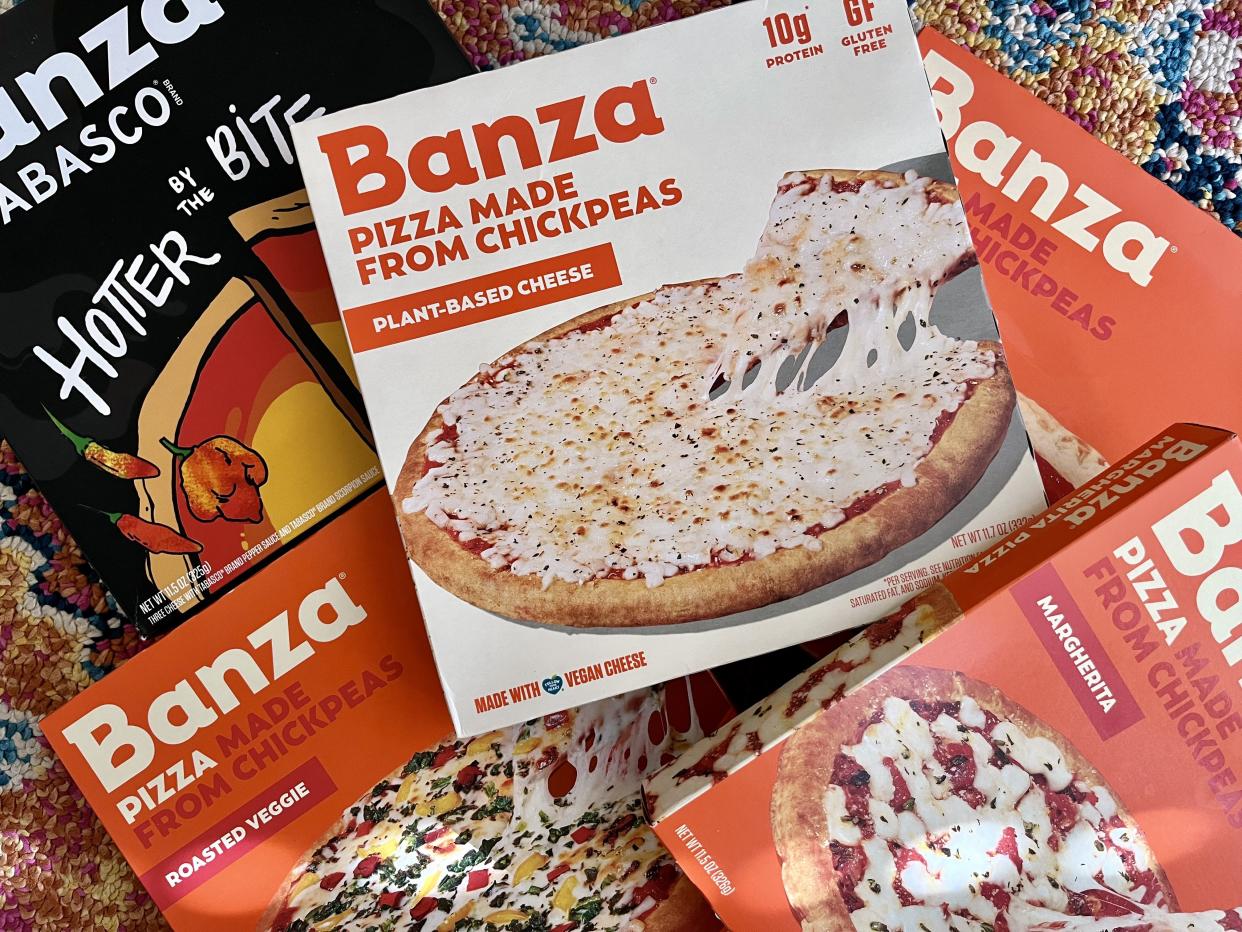 four types of banza frozen pizzas made out of chickpeas