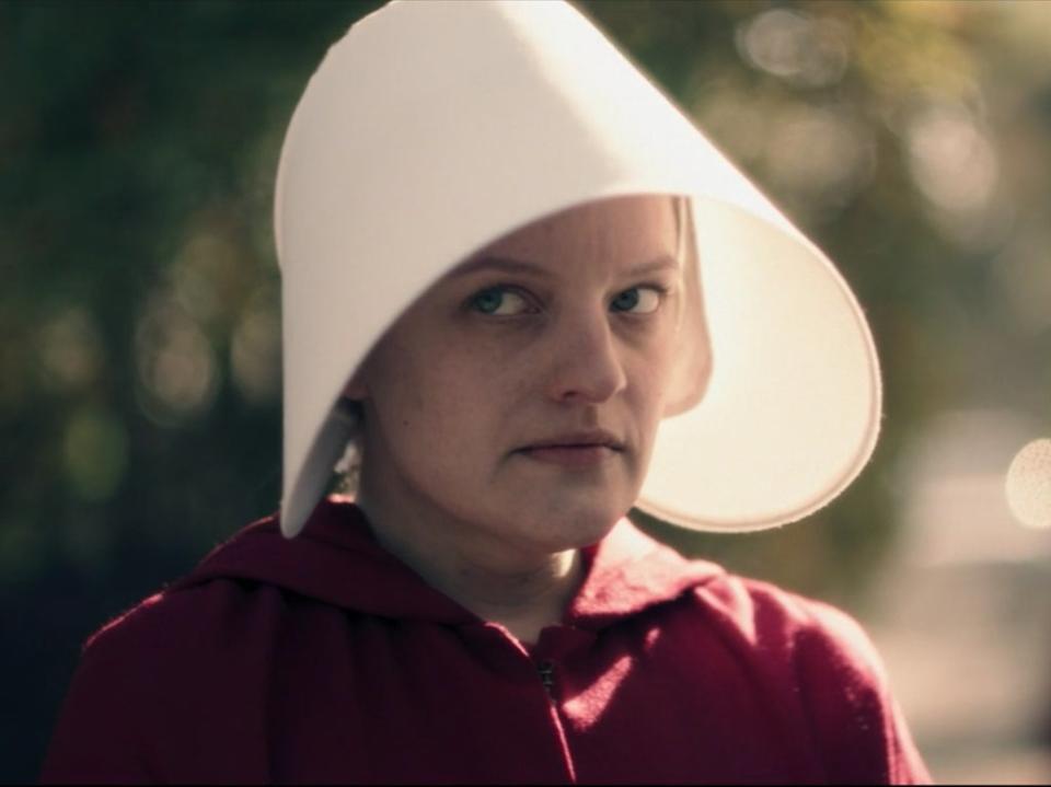 Actor Elisabeth Moss in the TV adaptation of Atwood’s ‘The Handmaid’s Tale’ (Hulu)