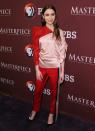 <p>Lily Collins demonstrated how to rock pink and red in a one-shoulder Hellessy top with trackpants on the Winter Television Critics Association press tour. <em>[Photo: Getty]</em> </p>