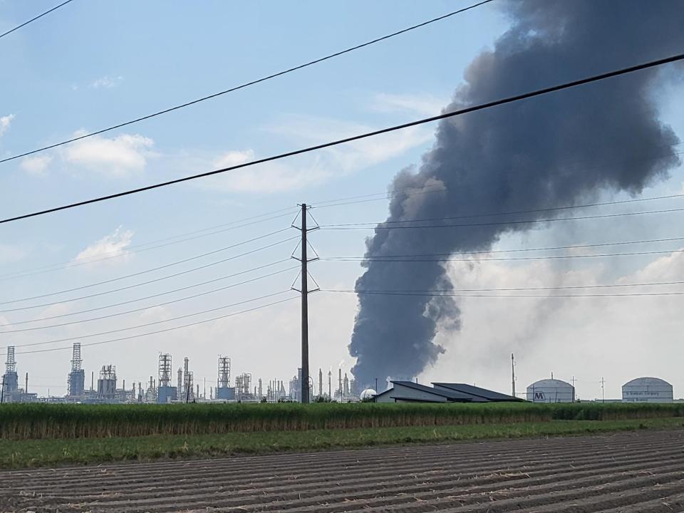 Smoke seen from the Marathon Petroleum Plant fire in Garyville, Louisiana on August 25, 2023.