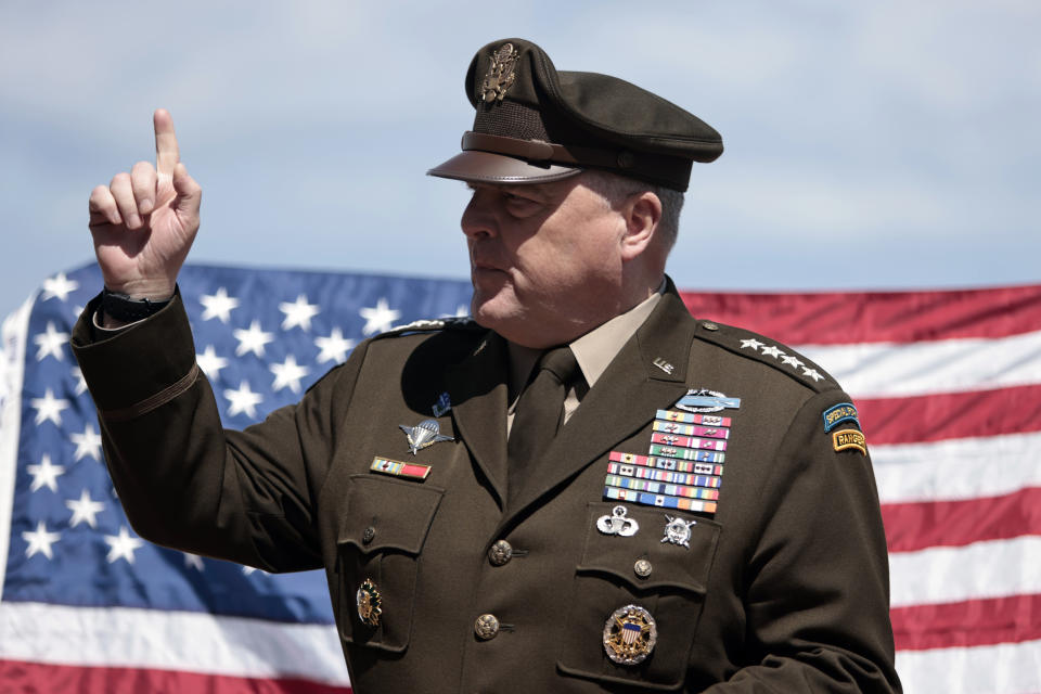 Army Gen. Mark Milley, chairman of the Joint Chiefs of Staff, attends an interview with the Associated Press at the American Cemetery of Colleville-sur-Mer, overlooking Omaha Beach, Monday, June, 6, 2022. Army Gen. Mark Milley, said that the United States and the Allied countries must "continue" to provide significant support to Ukraine out of respect for D-Day soldiers' legacy, as commemorations of the June 6, 1944 landings were being held Monday in Normandy. (AP Photo/ Jeremias Gonzalez)