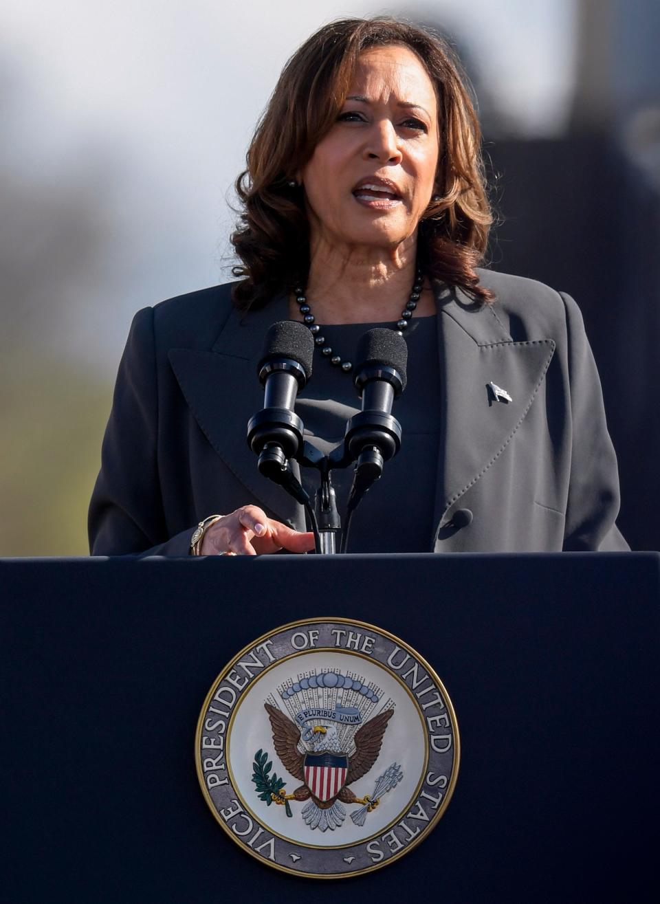 Vice President Kamala Harris speaks at the foot of the Edmund Pettus Bridge in Selma, Ala., on Sunday March 3, 2024 during the 59th anniversary celebration of the Bloody Sunday March.