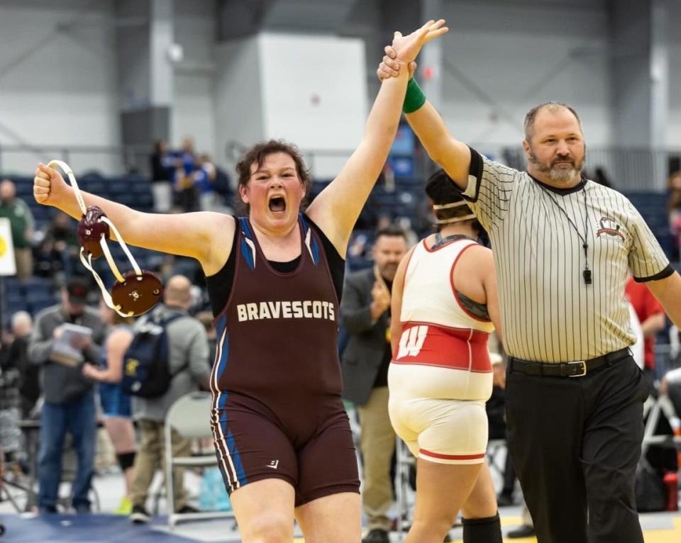 Dundee freshman Peyton Mullin won her weight class at the statewide high school event called the Girls Wrestling Invitational.
