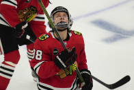 Chicago Blackhawks center Connor Bedard warms up before an NHL hockey game against the Nashville Predators, Friday, April 12, 2024, in Chicago. (AP Photo/Erin Hooley)