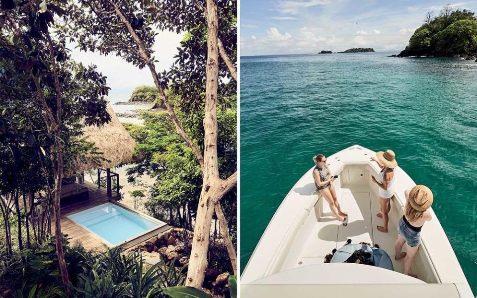 From left: The pool deck of a casita at Islas Secas, a new marine safari lodge off Panama’s Pacific coast; guests at Islas Secas can explore the reserve’s 14 private islands on a variety of boats and barges. | Ian Allen