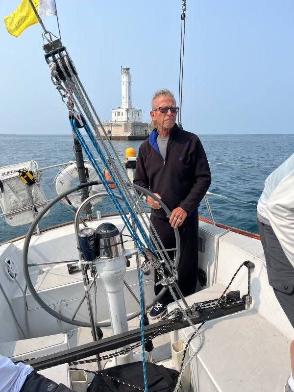 Tim Prophit of St. Clair Shores steering Fast Tango during the Chicago to Mackinac race on Monday, July 24, 2023. He won his class and second overall.