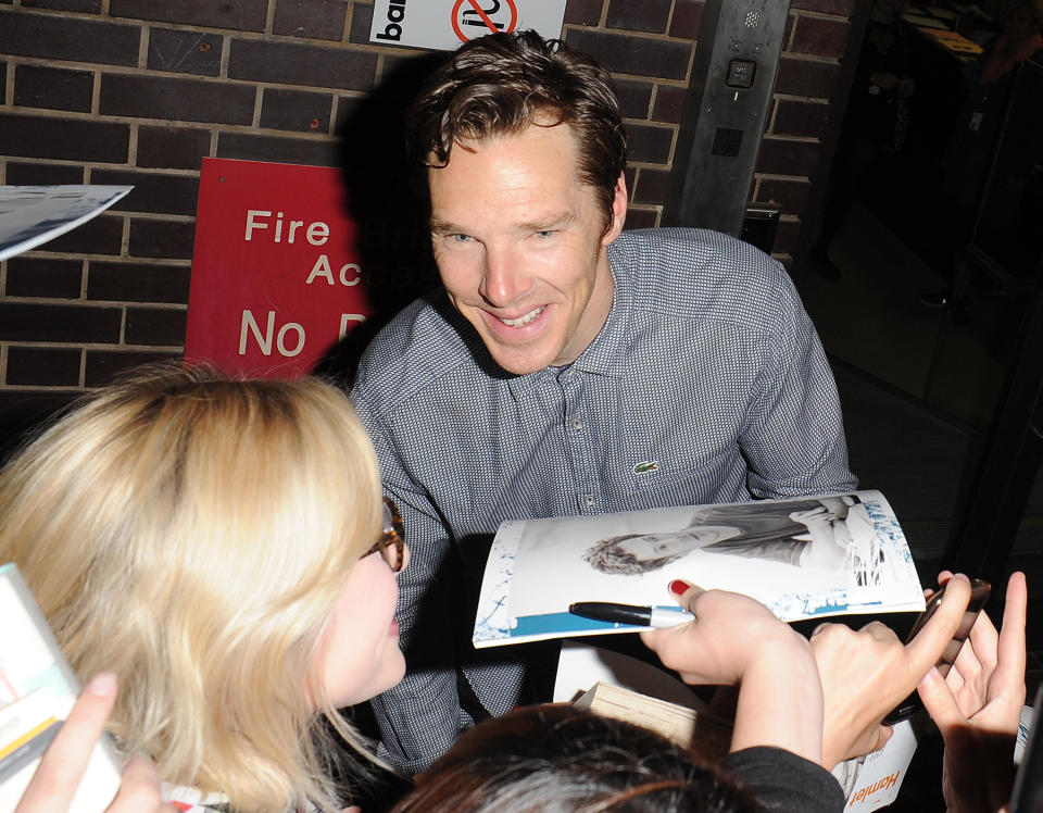 Benedict Cumberbatch is greeted by hundreds of screaming fans, as he leaves the Barbican Theatre, having performed in a production of William Shakespeare's 'Hamlet'.  Featuring: Benedict Cumberbatch Where: London, United Kingdom When: 18 Aug 2015