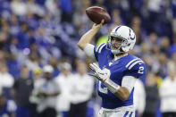 Indianapolis Colts quarterback Brian Hoyer throws against the Miami Dolphins during the first half of an NFL football game in Indianapolis, Sunday, Nov. 10, 2019. (AP Photo/Darron Cummings)