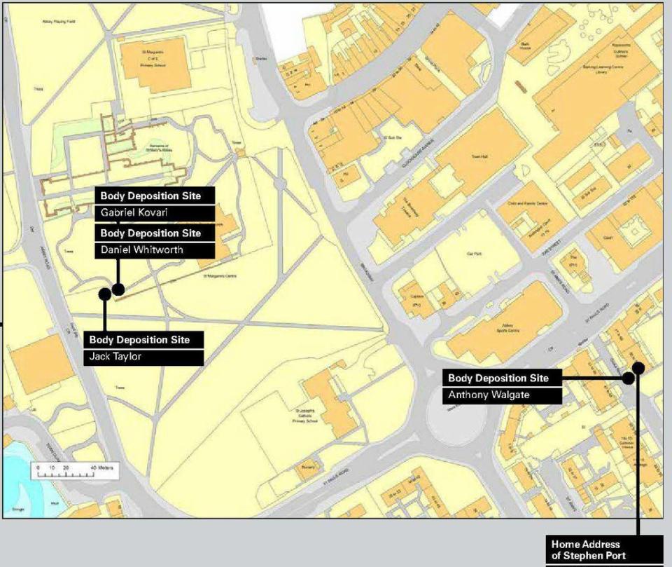 A map showing the spots where bodies were dumped by Stephen Port during his 16-month killing spree (Met Police/PA) (PA Media)