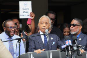 The Rev. Al Sharpton, at the podium, attending a press conference in Tallahassee on Feb. 15, 2023. The event included a march from a historic church to the Florida Capitol building. (Danielle J. Brown)