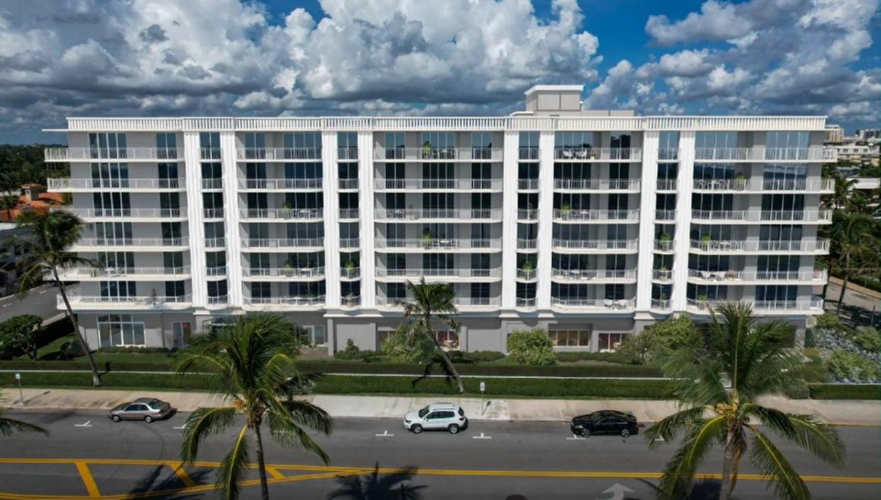 A rendering shows a planned facelift that includes a concrete-restoration project at Palm Beach's Winthrop House condominium facing Midtown Beach. The bulk of the beachfront building will be painted cream rather than the gray depicted here.