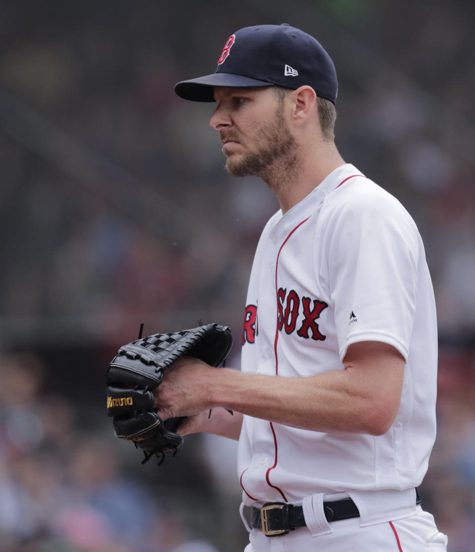 Boston Red Sox starting pitcher Chris Sale heads to the dugout after completing his outing during the sixth inning of a baseball game against the Toronto Blue Jays at Fenway Park in Boston, Thursday, July 18, 2019. Sale allowed no runs in six innings. (AP Photo/Charles Krupa)