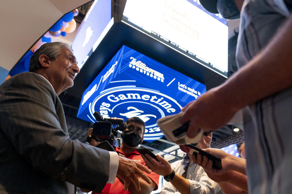 Ted Leonsis, Founder & CEO, Monumental Sports & Entertainment and owner of the Washington Wizards and the Washington Capitals speaks to reporters at a ribbon cutting for the William Hill Sportsbook at Monumental Sports & Entertainment's Capital One Arena in Washington, Wednesday, May 26, 2021. The William Hill Sportsbook is the first ever sports betting venue to open within a U.S. professional sports facility. (AP Photo/Andrew Harnik)