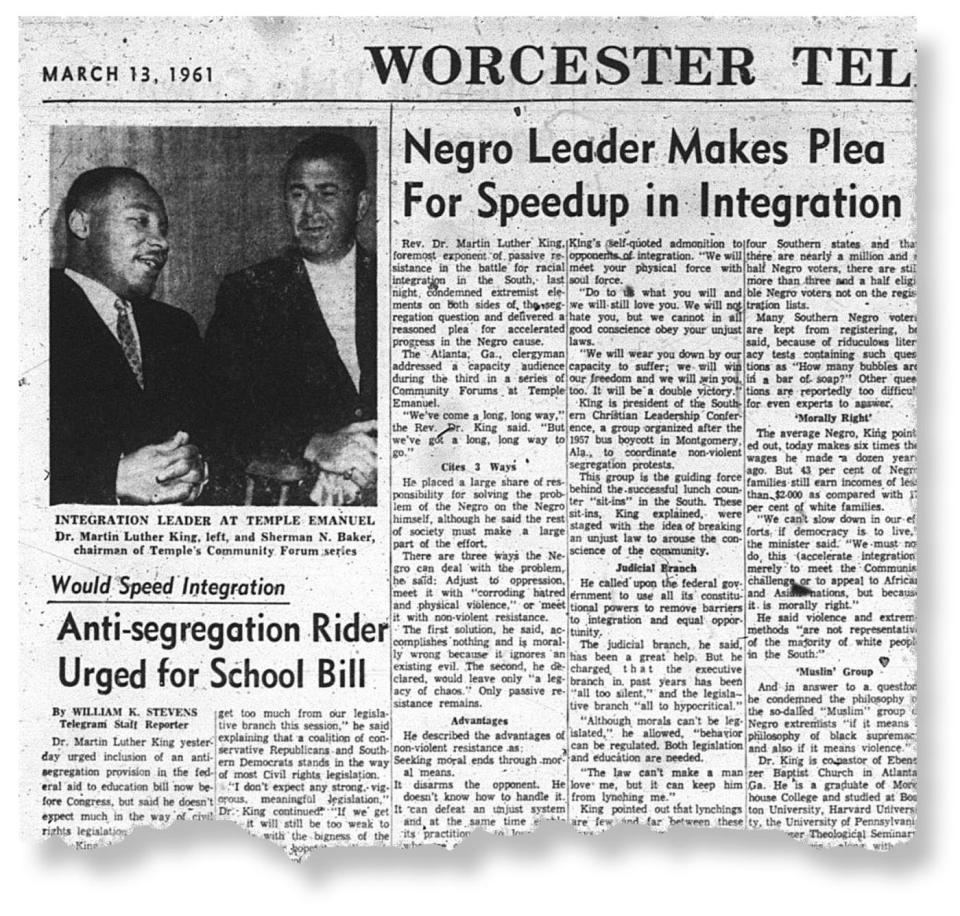 The story on Martin Luther King Jr. speaking at Temple Emanuel from the March 13, 1961, edition of the Worcester Telegram.