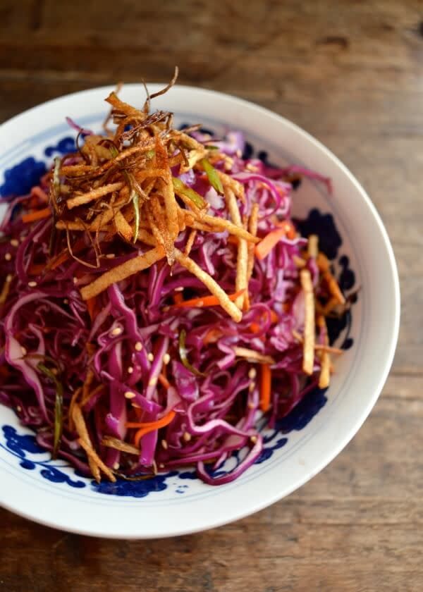 Red Cabbage Salad With Crispy Spring Onions and Potato Sticks